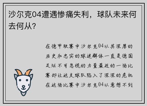 沙尔克04遭遇惨痛失利，球队未来何去何从？
