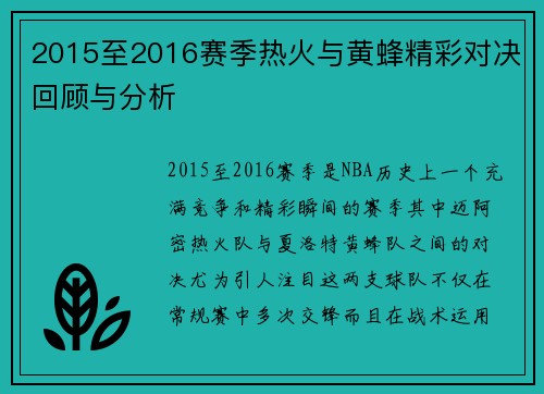 2015至2016赛季热火与黄蜂精彩对决回顾与分析