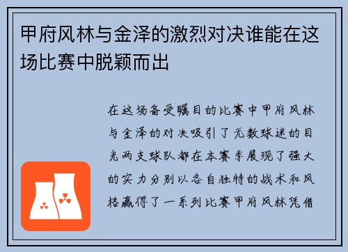 甲府风林与金泽的激烈对决谁能在这场比赛中脱颖而出