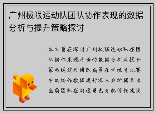 广州极限运动队团队协作表现的数据分析与提升策略探讨