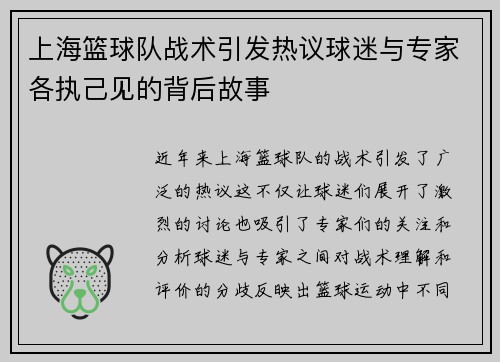 上海篮球队战术引发热议球迷与专家各执己见的背后故事