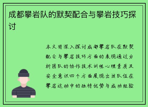 成都攀岩队的默契配合与攀岩技巧探讨